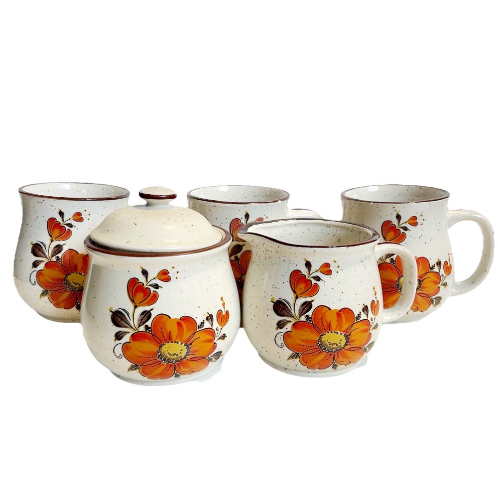 Vintage Japan Speckled Stoneware Coffee Mugs Sugar Creamer Set Orange Flowers